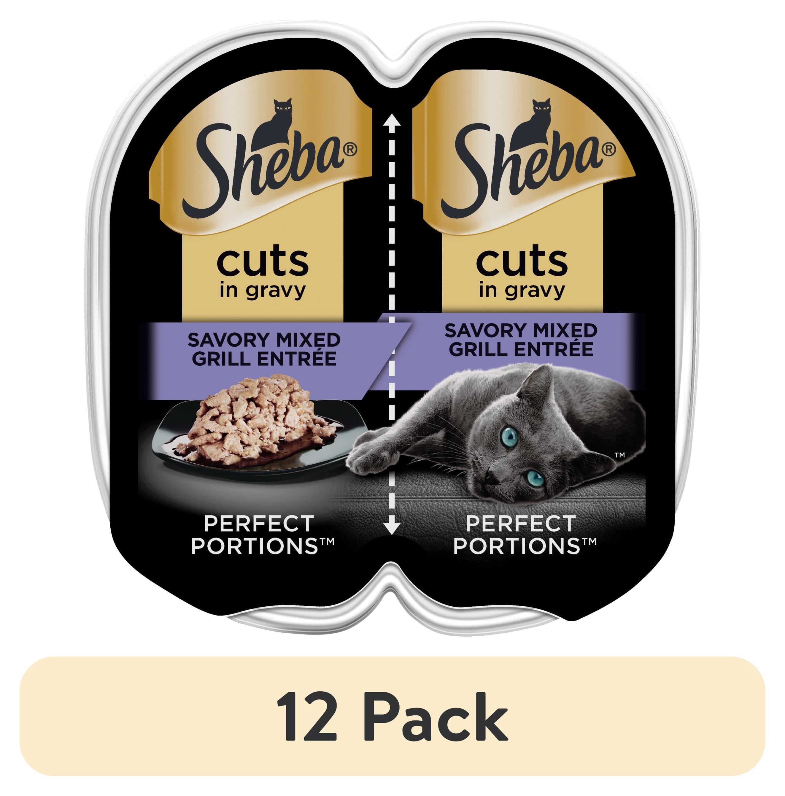 (12 pack) Sheba Wet Cat Food Cuts in Gravy Savory Mixed Grill Entree Perfect Portions Twin-Pack Tray, 2.6 oz
