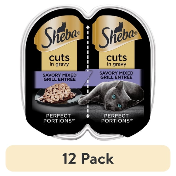 (12 pack) Sheba Wet Cat Food Cuts in Gravy Savory Mixed Grill Entree Perfect Portions Twin-Pack Tray, 2.6 oz