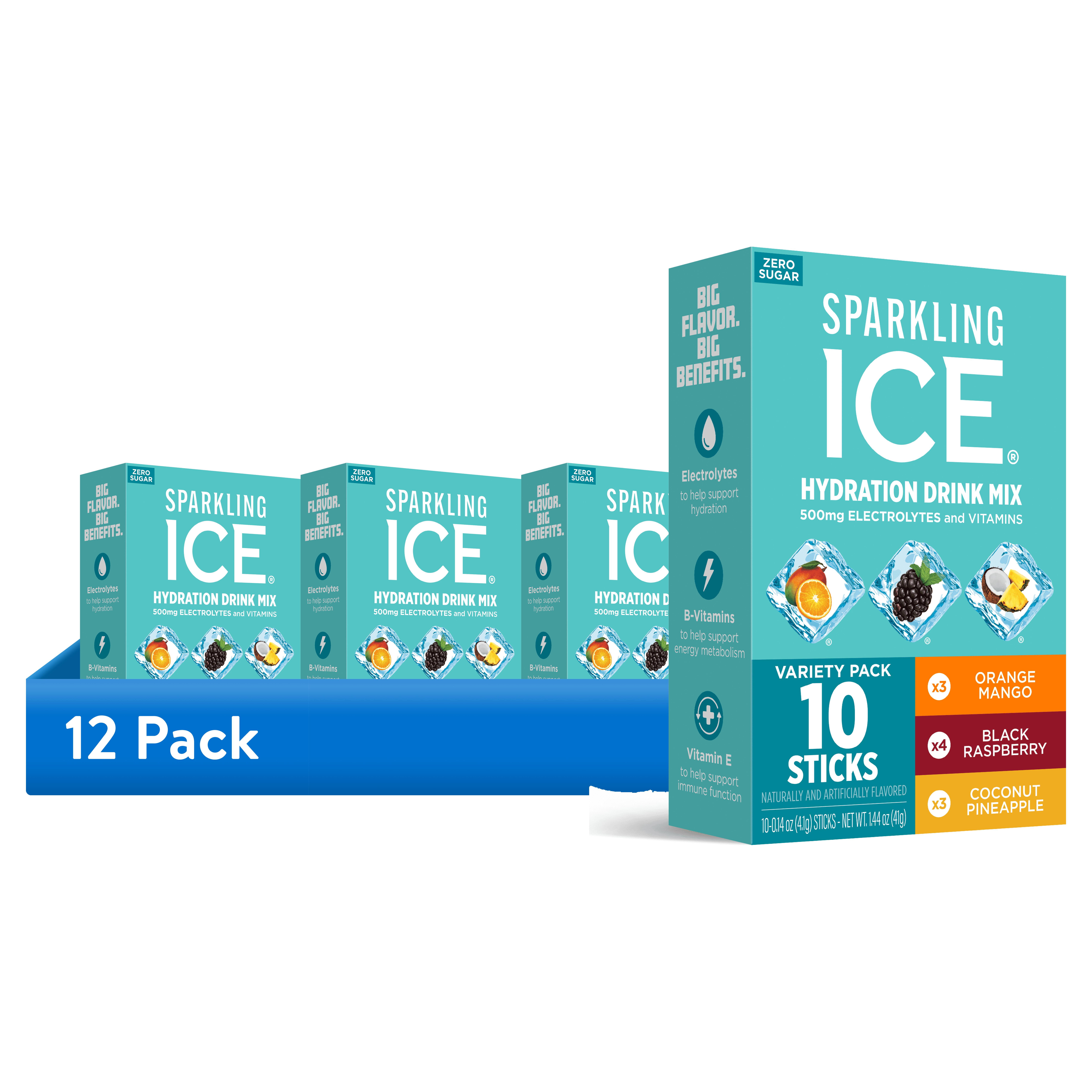 (12 pack) Sparkling Ice Powder Zero Sugar Drink Mix Variety Pack, Orange Mango, Black Raspberry & Coconut Pineapple, 10 Sticks