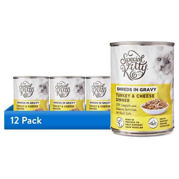 (12 pack) Special Kitty Shreds in Gravy Turkey & Cheese Dinner Wet Cat Food, 13 oz Can