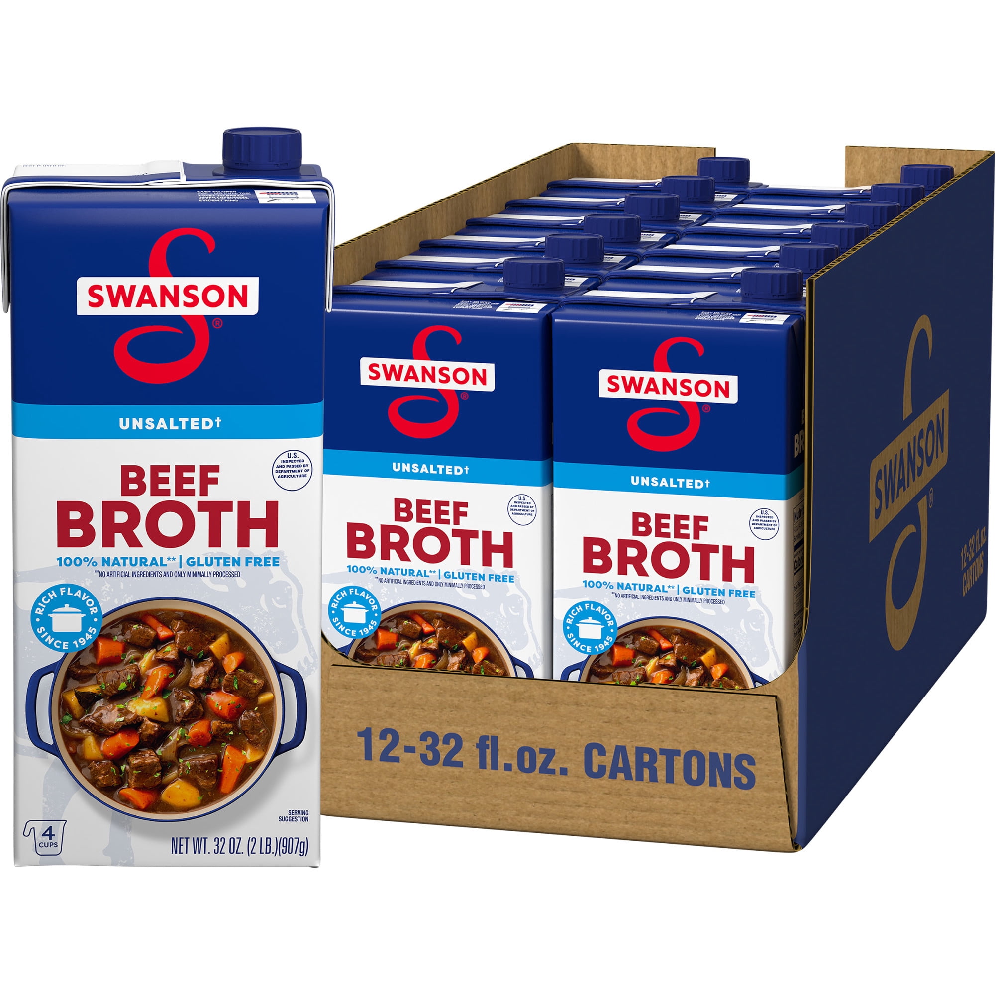 (12 pack) Swanson 100% Natural Unsalted Beef Broth, 32 oz Carton ...