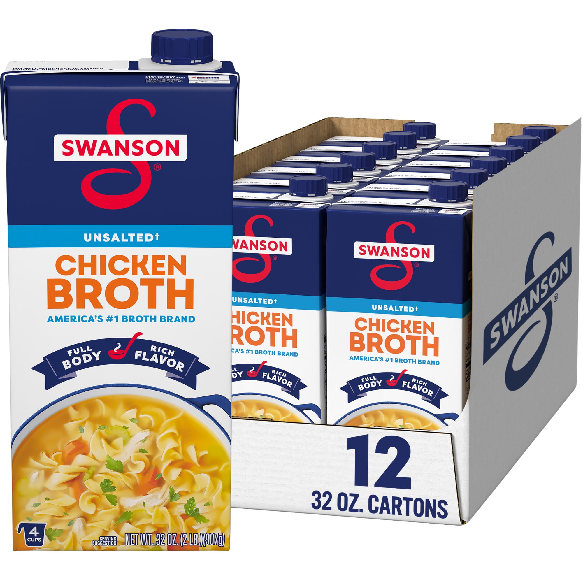 (12 pack) Swanson Unsalted Chicken Broth, 32 oz Carton (12 Pack)