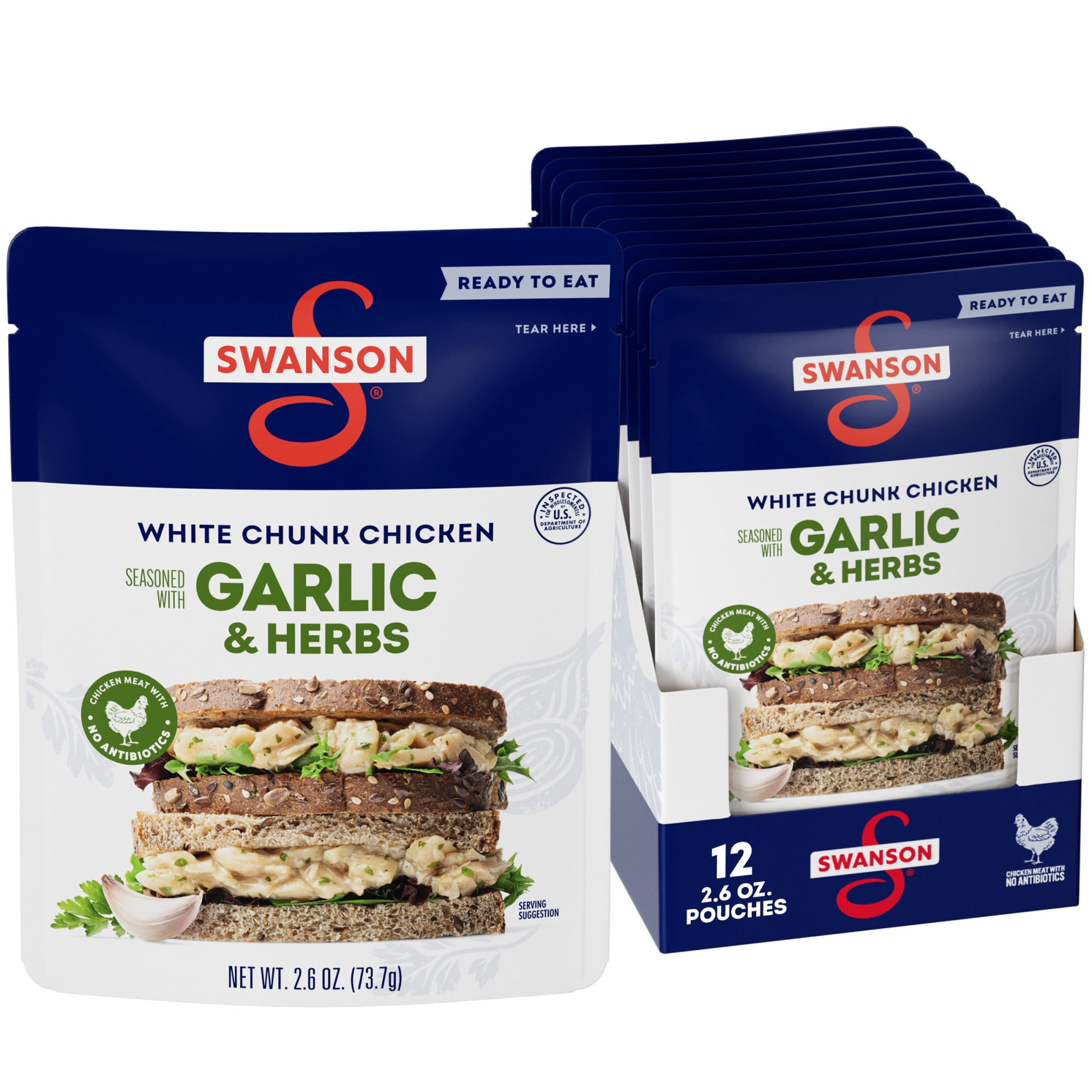 (12 pack) Swanson Garlic and Herbs White Chunk Fully Cooked Chicken, Ready to Eat, Simple on-the-Go Meals, 2.6 oz Pouch