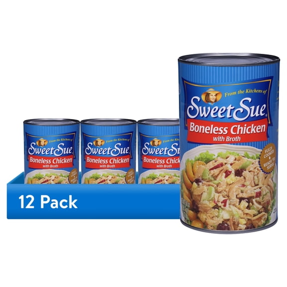 (12 pack) Sweet Sue Boneless Chicken with Broth, Fully Cooked and Ready to Serve, Gluten Free, 10g Protein Per Serving, Shelf Stable Can, 50 oz