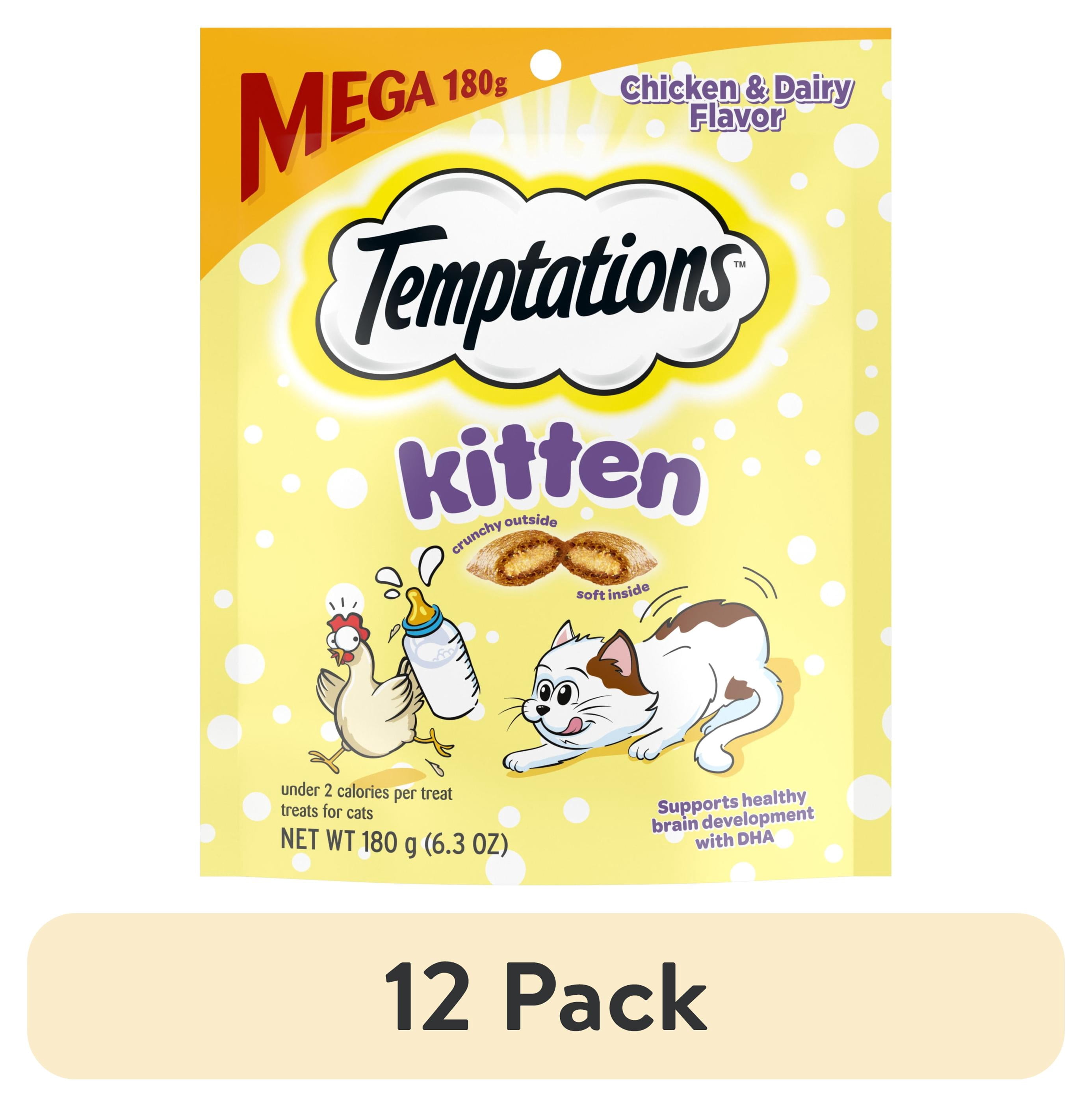 (12 pack) Temptations Kitten Chicken And Dairy Flavor Crunchy And Soft Treats For Kittens, 6.3 Oz Pouch