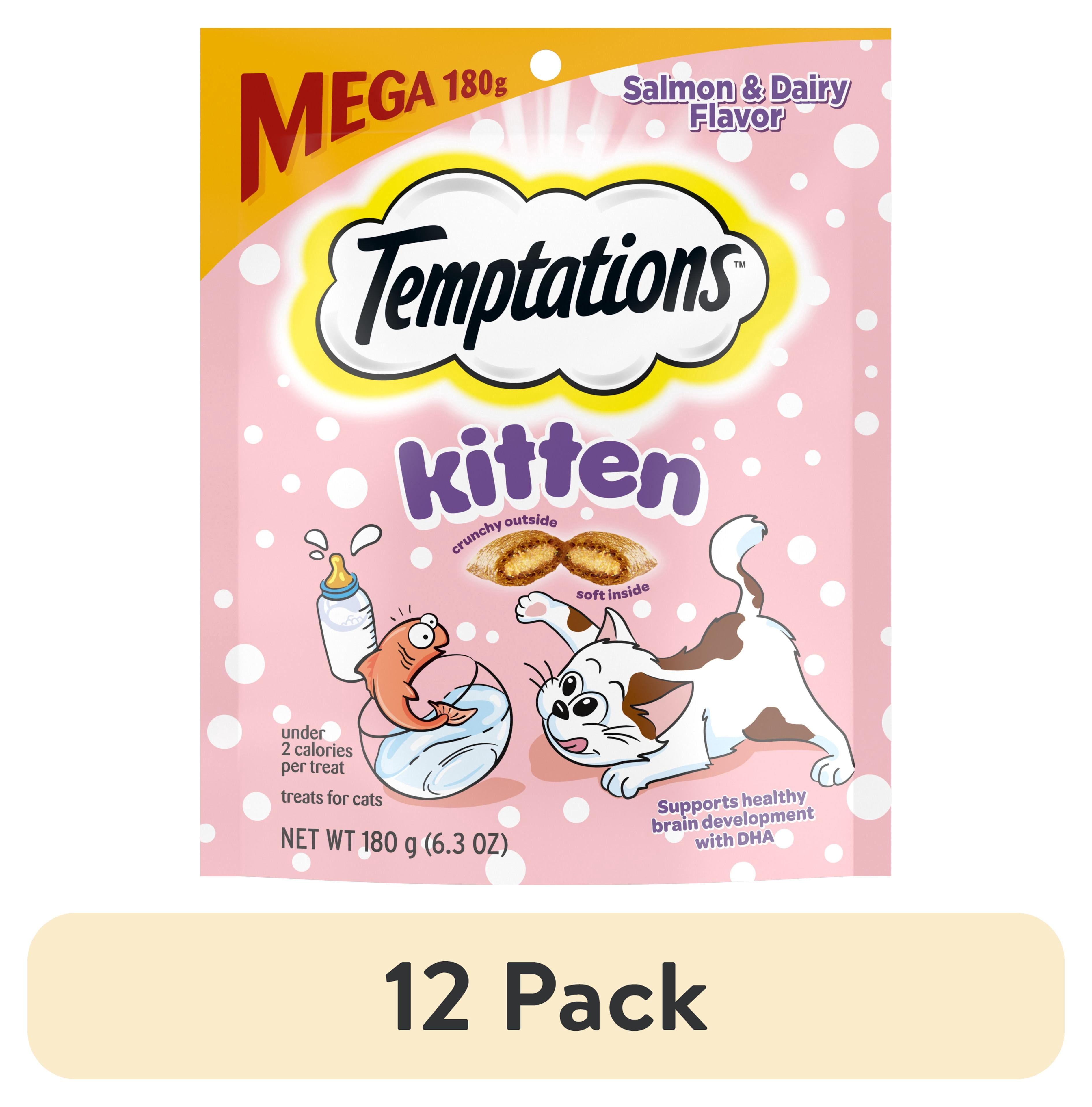 (12 pack) Temptations Kitten Salmon And Dairy Flavor Crunchy And Soft Treats For Kitten, 6.3 Oz Pouch