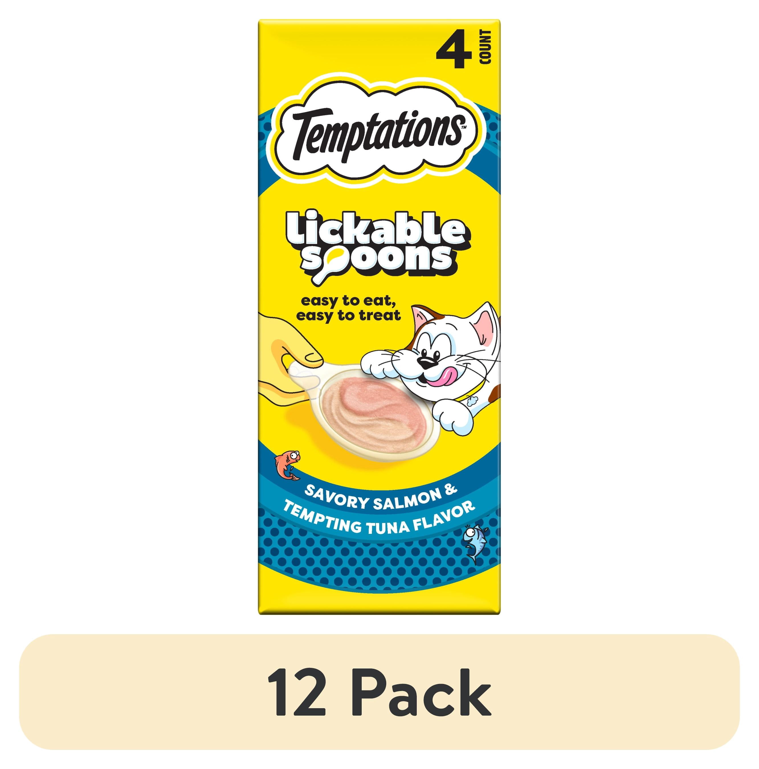 (12 pack) Temptations Lickable Spoons Wet Cat Treat, Savory Salmon & Tempting Tuna, 10 Grams, Pack of 4
