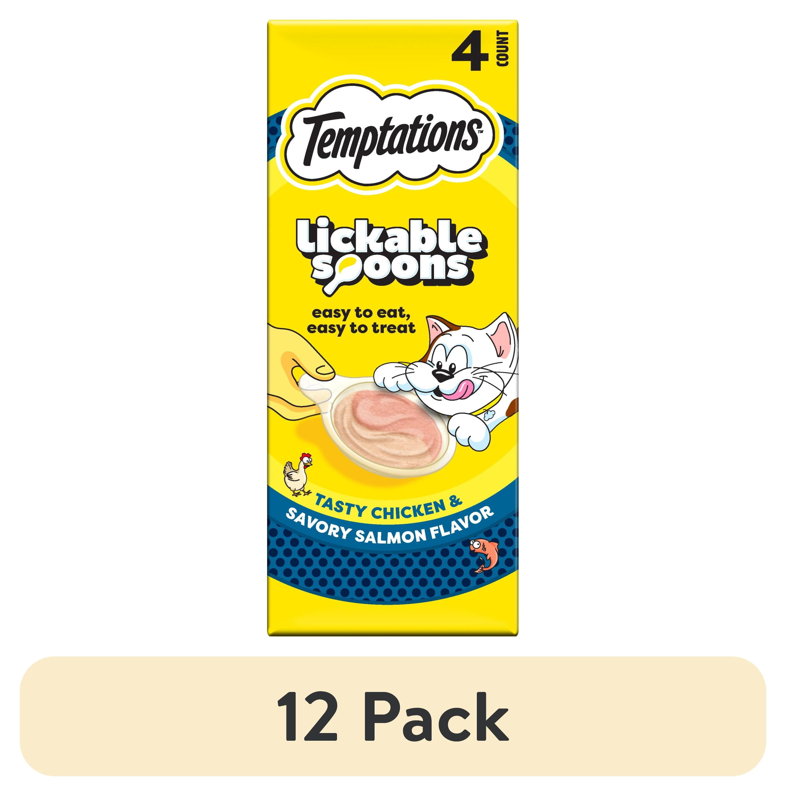 (12 pack) Temptations Lickable Spoons Wet Cat Treat, Tasty Chicken and Savory Salmon, 10 Grams, Pack of 4