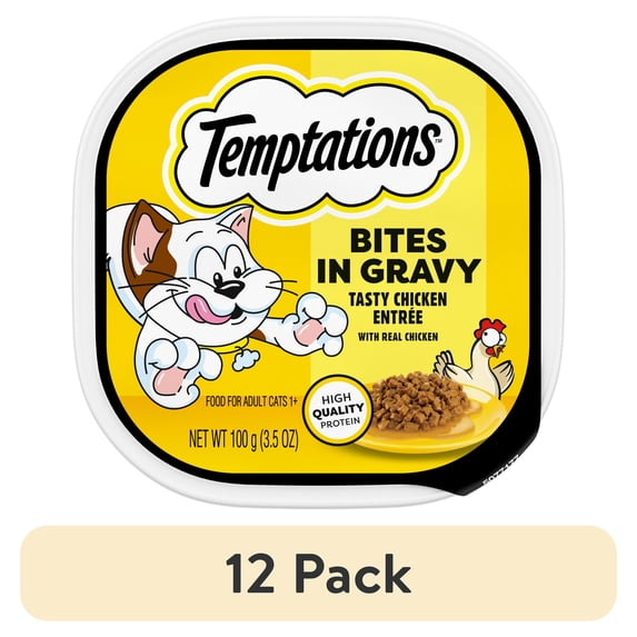 (12 pack) Temptations Tasty Chicken Flavor Bites In Gravy Wet Cat Food For Adult Cats, 3.5 Oz Tray