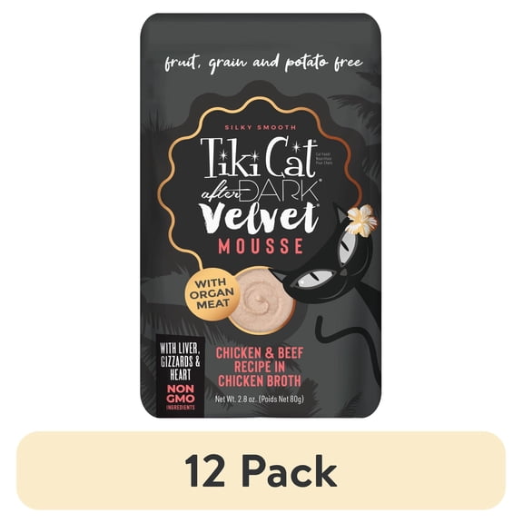 (12 pack) Tiki Cat After Dark Velvet Mousse Wet Cat Food, Chicken & Beef, 2.8 oz. Pouch