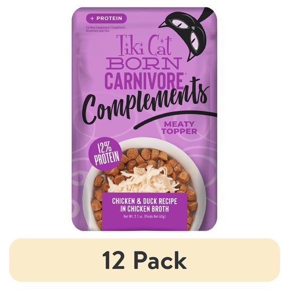(12 pack) Tiki Cat Born Carnivore Complements Wet Cat Food Topper, Chicken & Duck 2.1 oz. Pouch
