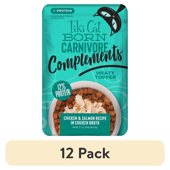 (12 pack) Tiki Cat Born Carnivore Complements Wet Cat Food Topper, Chicken & Salmon, 2.1 oz. Pouch