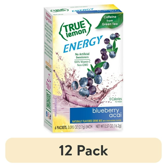 (12 pack) True Lemon Blueberry Acai Energy Drink Mix, 0 Sugar, No Artificial Sweeteners, 6 Count