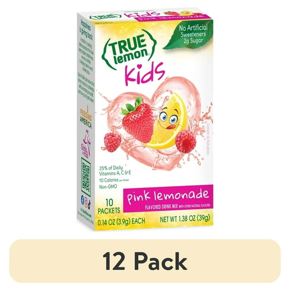 (12 pack) True Lemon Kids Pink Lemonade Powdered Drink Mix, Low Sugar, No Artificial Sweeteners, 10 Count Box