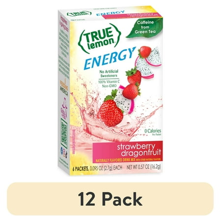 (12 pack) True Lemon Strawberry Dragonfruit Energy Drink Mix, 0 Sugar, No Artificial Sweeteners, 6 Count Box