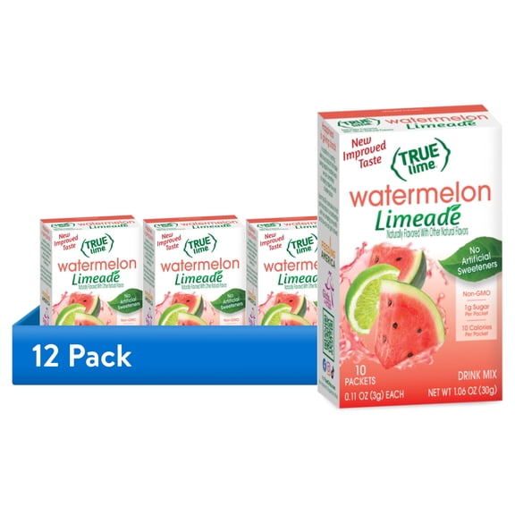 (12 pack) True Lime Watermelon Limeade Drink Mix Powder, No Artificial Sweeteners, 1.06 oz.Packet, 10 Count Box