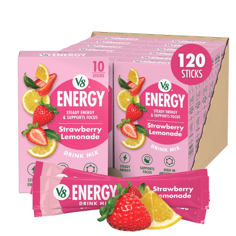 12 pack) V8 Energy Strawberry Lemonade Energy Drink Powder, (10
