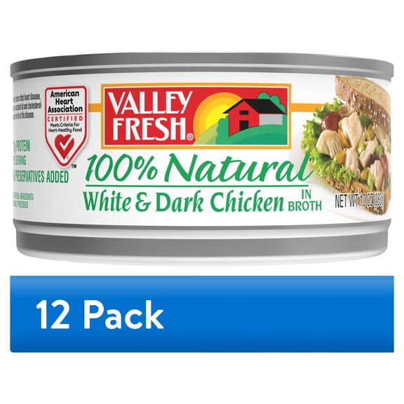 (12 pack) VALLEY FRESH 100% Natural* White and Dark Chicken in Water, Shelf Stable Canned meat, 10 oz Steel Can