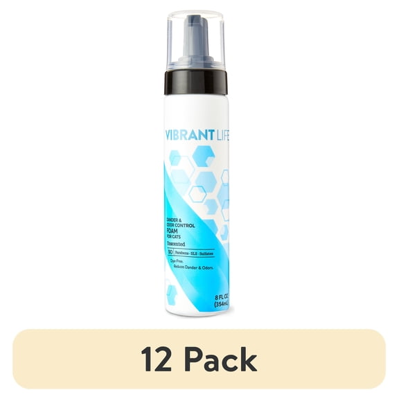(12 pack) Vibrant Life Dander and Odor Reducing Waterless Foaming Cat Shampoo, 8 fl oz