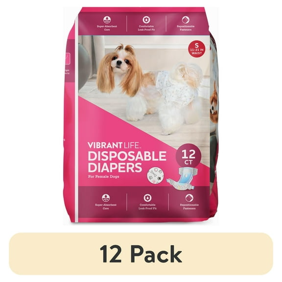 (12 pack) Vibrant Life Disposable Dog Diapers for Female Dogs, S, 12 Count