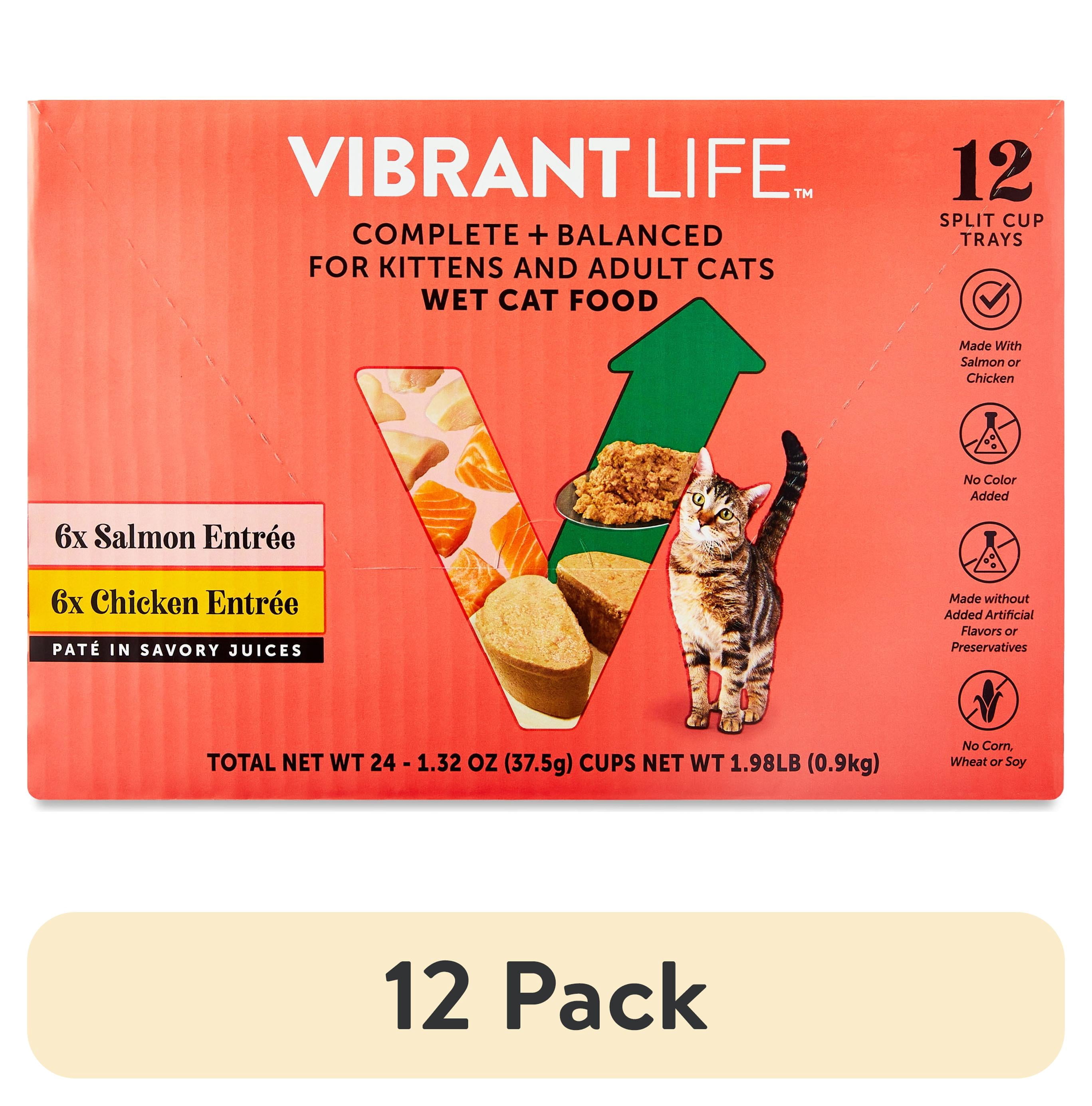 (12 pack) Vibrant Life Wet Cat Food, Salmon & Chicken Pate in Savory Juices, Grain-Free, 2.64 oz Split Trays, 12 Count