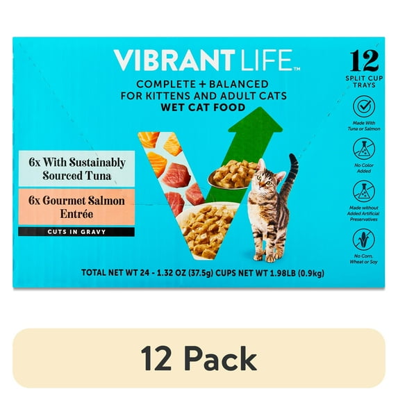 (12 pack) Vibrant Life Tuna & Salmon Cuts in Gravy Wet Cat Food, Complete + Balanced Variety Pack, 2.64 oz Split Trays, 12 Count