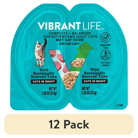 (12 pack) Vibrant Life Tuna Cuts in Gravy Wet Cat Food, Grain-Free, 2.64 oz Premium Portions Split Tray
