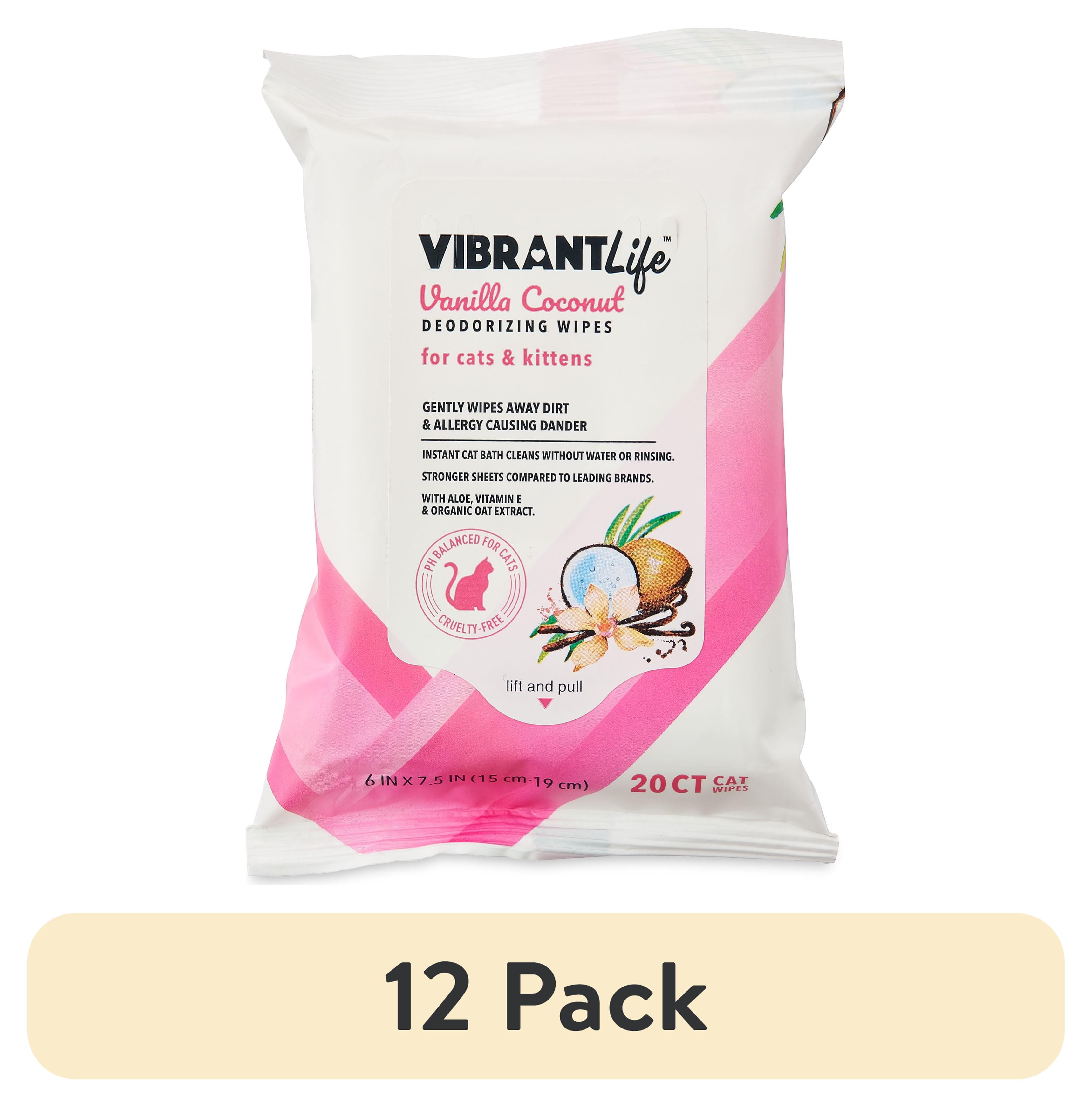 (12 pack) Vibrant Life Vanilla Coconut Deodorizing Wipes for Cats & Kittens, 20 Count
