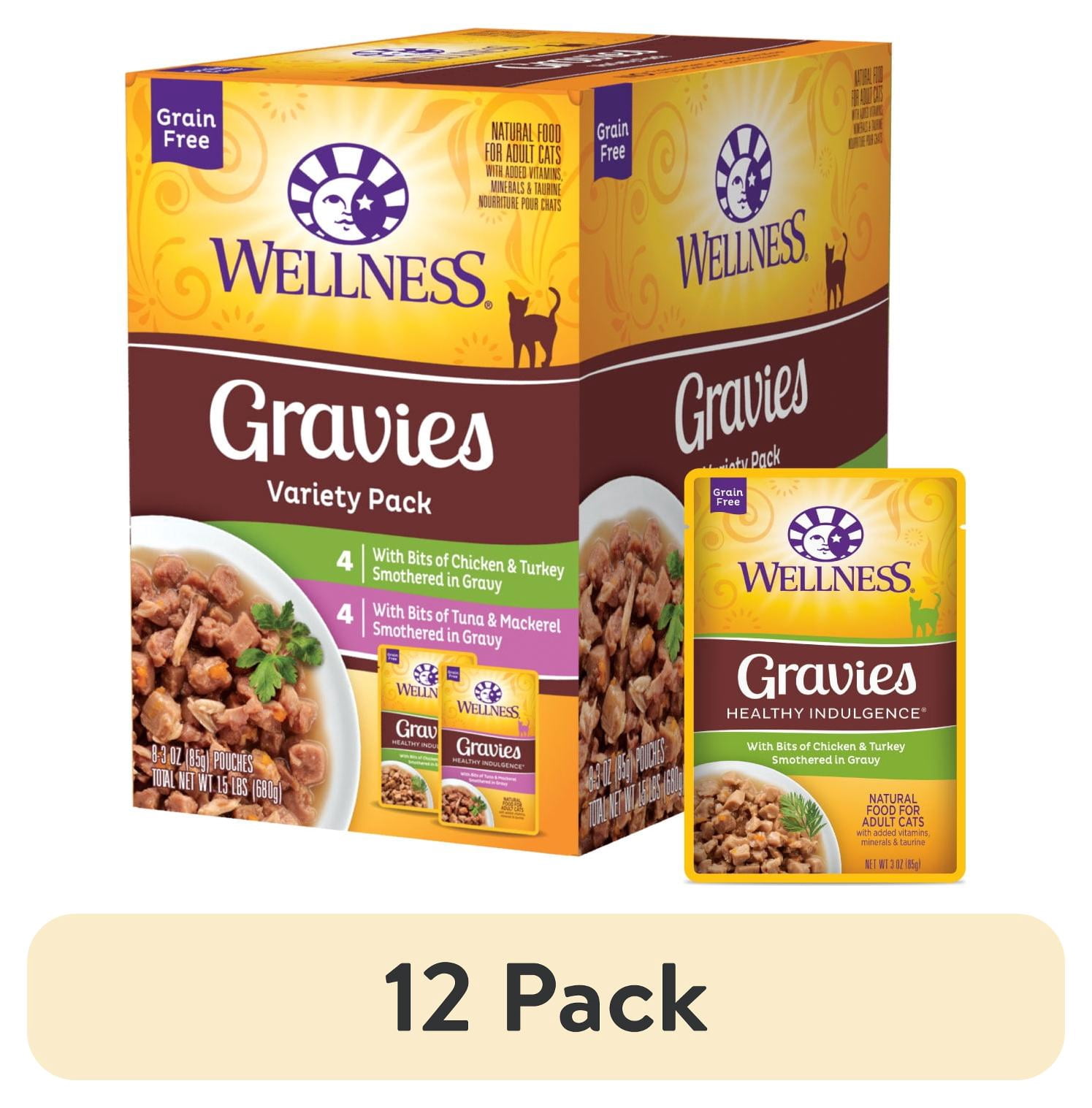 (12 pack) Wellness Healthy Indulgence Gravies Variety Pack Adult Wet Cat Food, Natural, Protein Rich, Grain Free, 2 Flavors, 3 oz, Pack of 8 Pouches