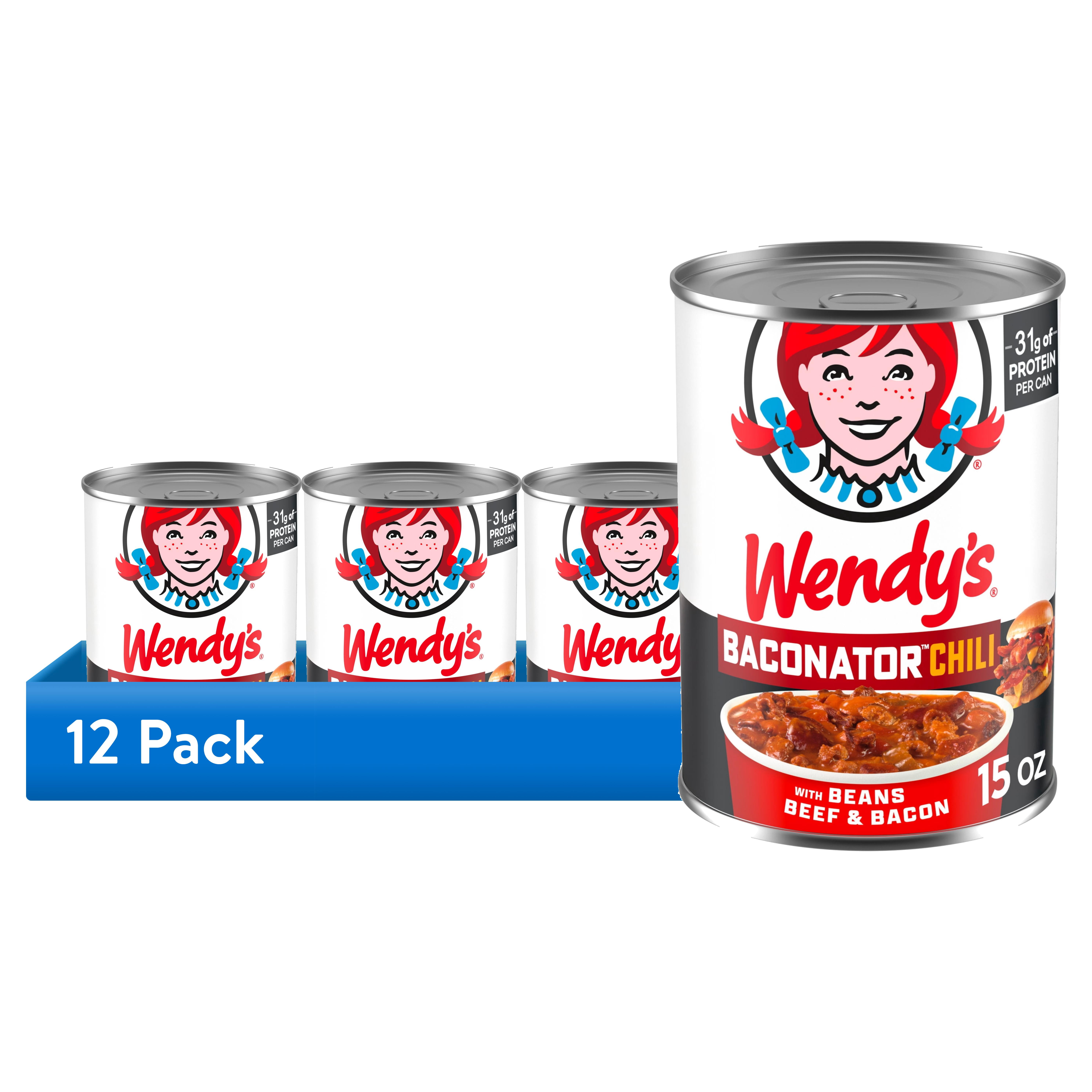 (12 pack) Wendy's Baconator Chili With Beans, Beef & Bacon, 31g Protein Per Can, Canned Chili, 15 oz.