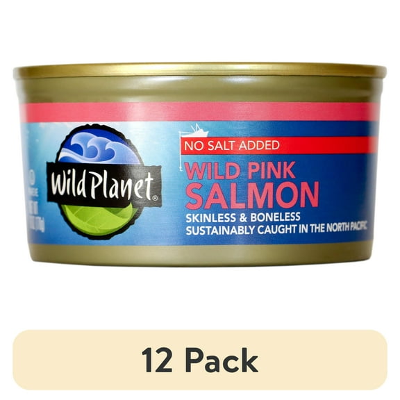 (12 pack) Wild Planet North Pacific Wild Pink Salmon, No Salt Added, 6 oz Can