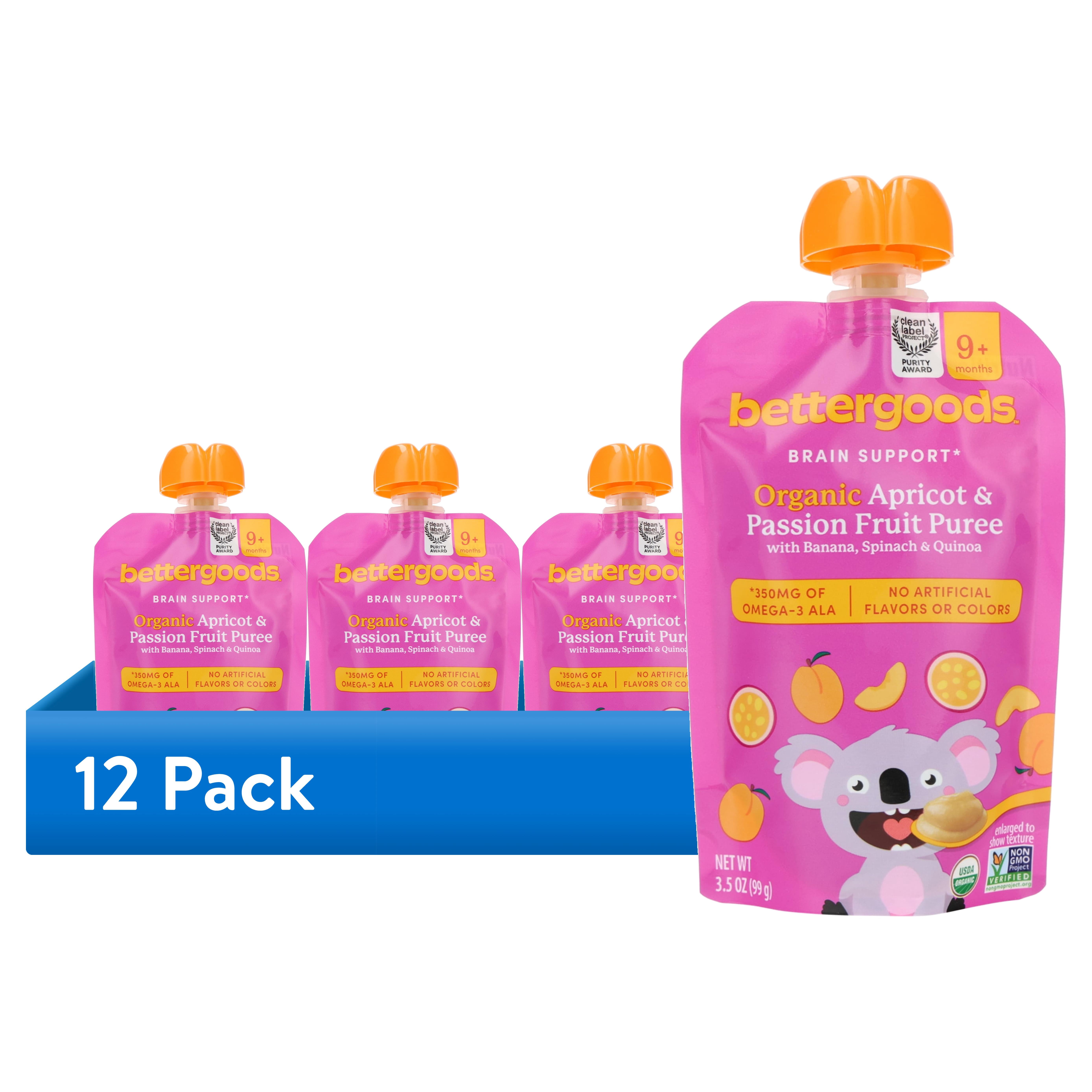 (12 pack) bettergoods Organic Stage 3 Baby Food Brain Support Blend, Apricot and Passion Fruit Puree, 3.5 oz Pouch