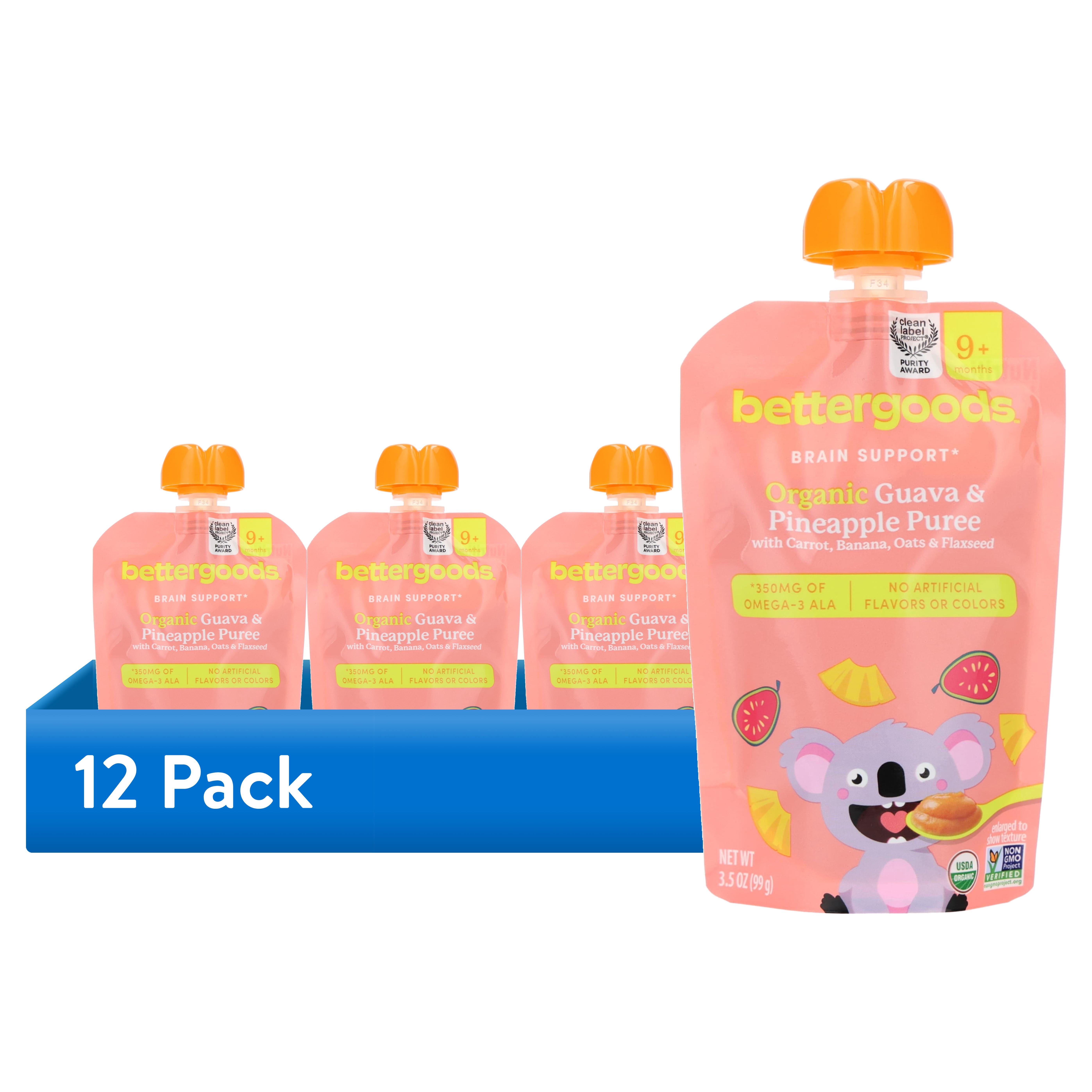 (12 pack) bettergoods Organic Stage 3 Baby Food Brain Support Blend, Guava and Pineapple Puree, 3.5 oz Pouch