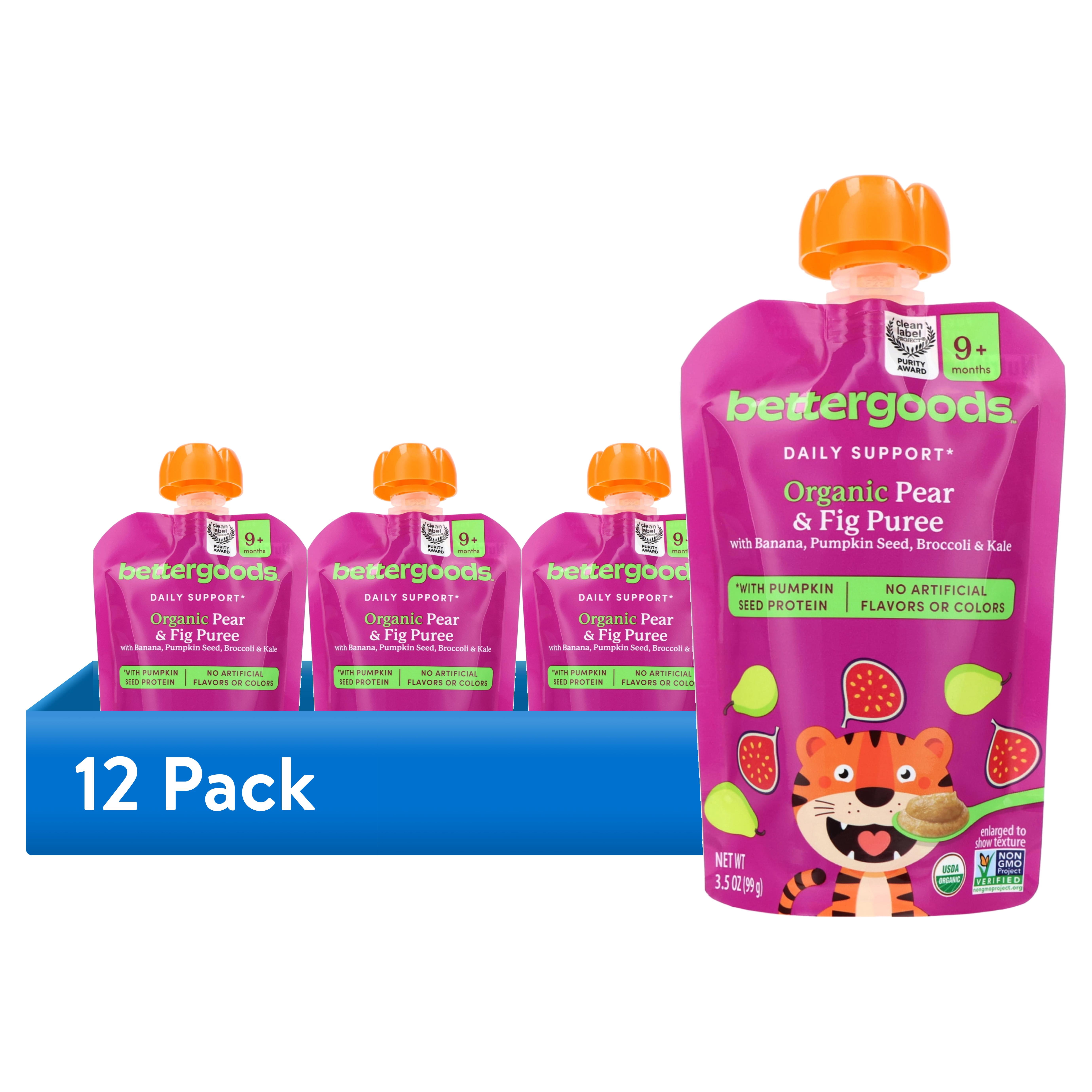 (12 pack) bettergoods Organic Stage 3 Baby Food Daily Support Blend, Pear and Fig Puree, 3.5 oz Pouch