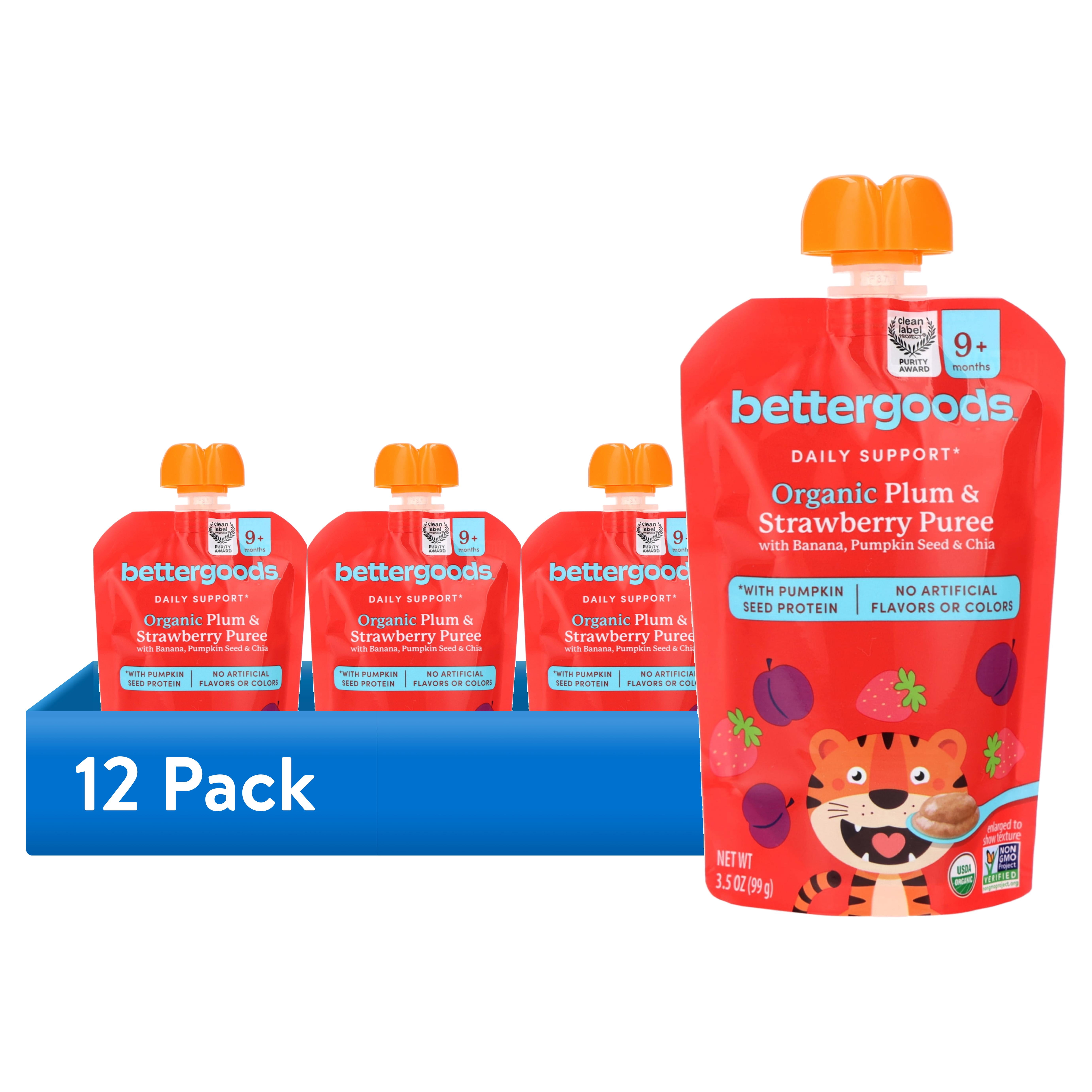 (12 pack) bettergoods Organic Stage 3 Baby Food Daily Support Blend, Plum and Strawberry Puree, 3.5 oz Pouch