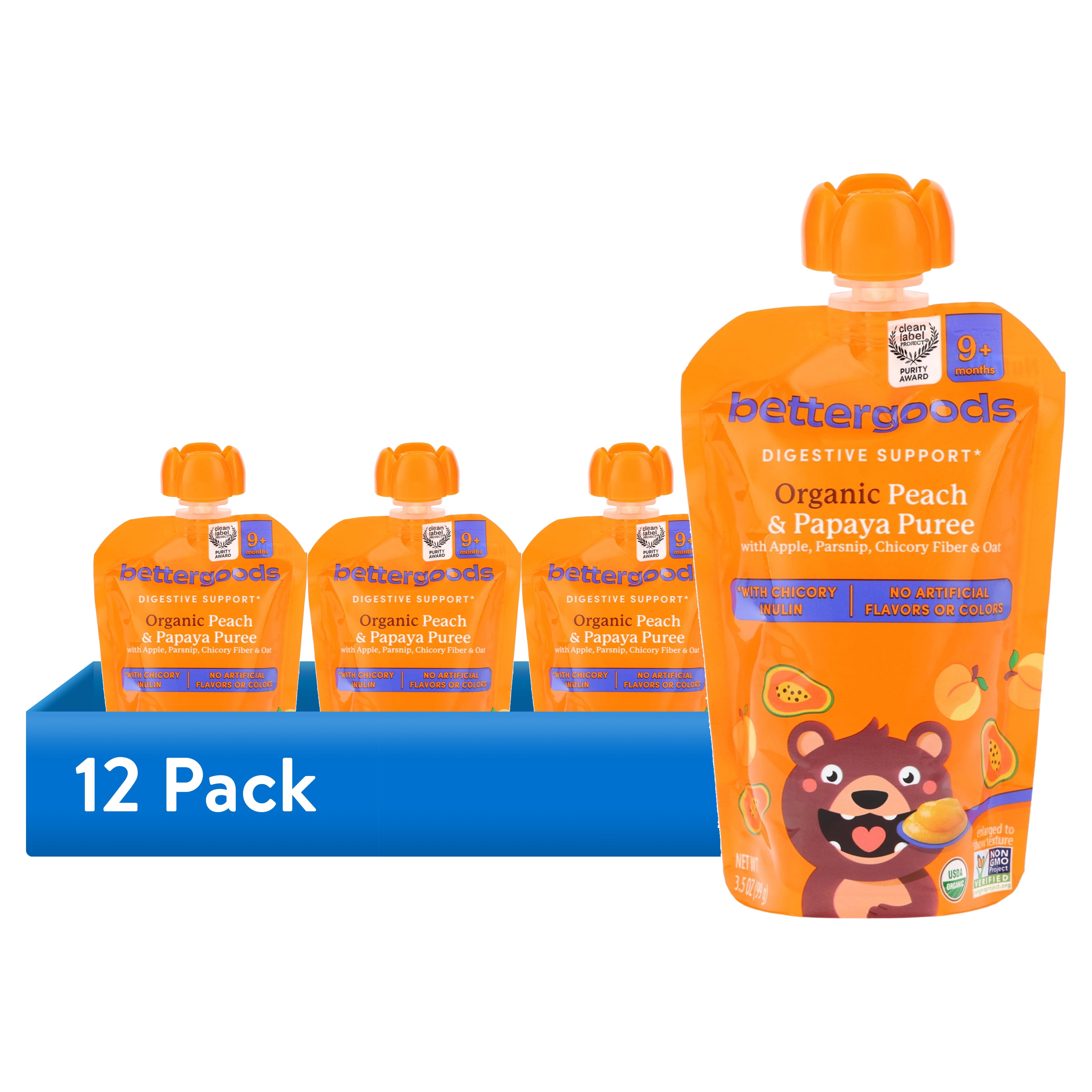 (12 pack) bettergoods Organic Stage 3 Baby Food Digestive Support Blend, Peach and Papaya Puree, 3.5 oz Pouch