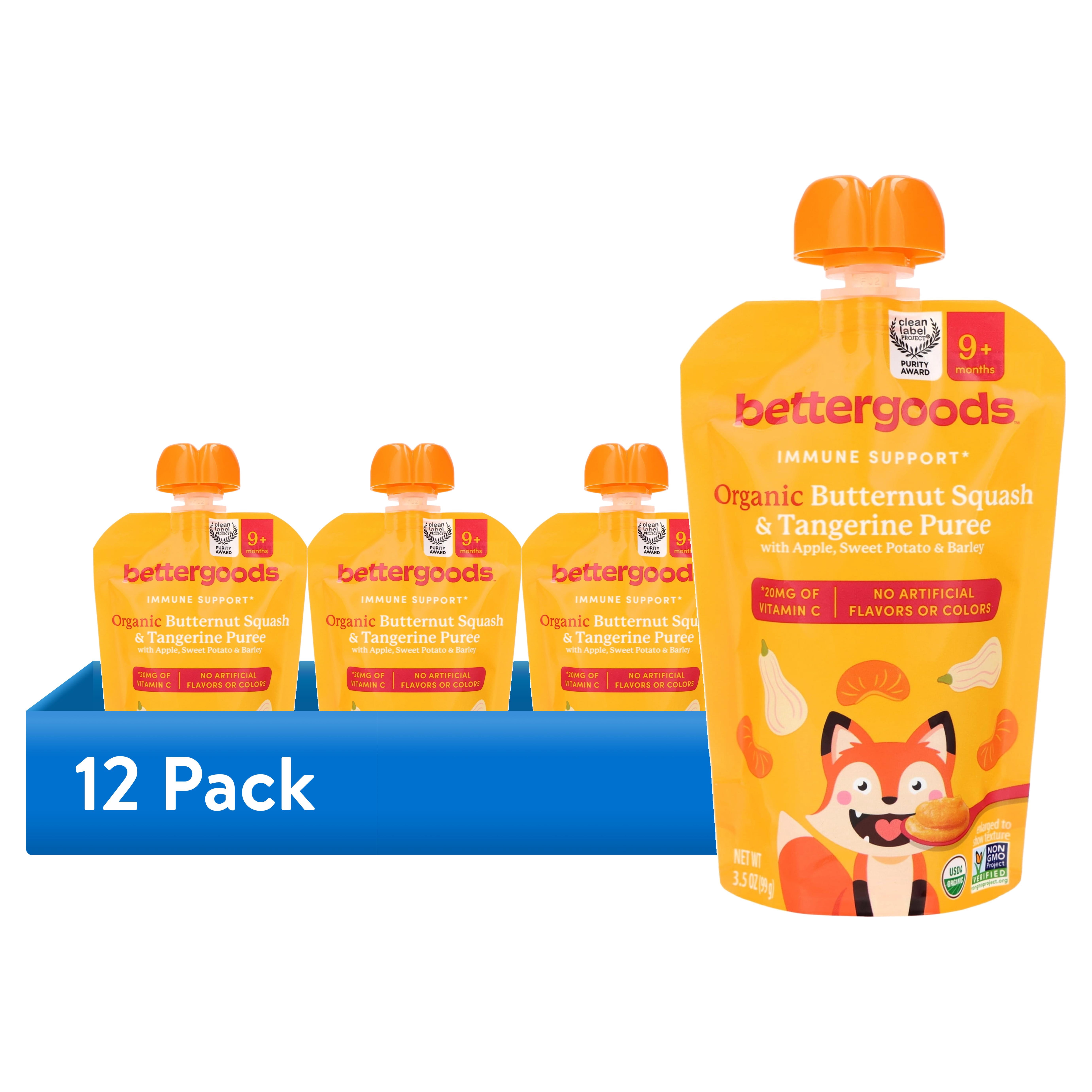 (12 pack) bettergoods Organic Stage 3 Baby Food Immune Support Blend, Butternut Squash and Tangerine Puree, 3.5 oz Pouch