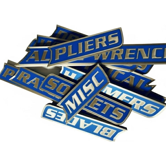 12-pack magnetic toolbox labels, 3D printed toolbox labels, universal toolbox organizer accessory, reusable, suitable for steel toolboxes, trolleys, drawers, and cabinets.