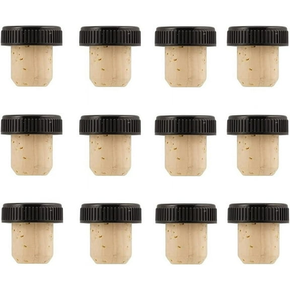 12 pack of Bar Top Corks, 19.5mm Neck Size Natural Bar Top Cork with Black Ribbed Plastic Top