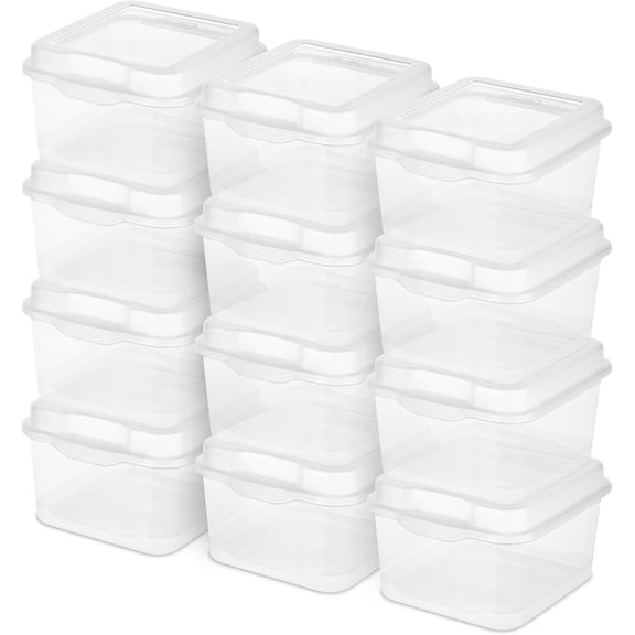 12-pack of stackable square storage boxes with hinged lids, transparent