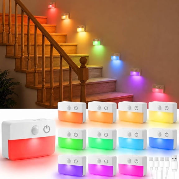 12-pack rechargeable RGB motion sensor lights. Magnetic and wireless, auto-activated by movement. Great for stairs, cabinets, hallways and other indoor spaces.