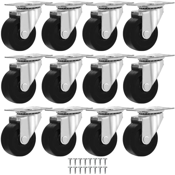12 packs of 2 inch universal wheel casters, each bearing 50 pounds, rubber base with top plate and bearings with screws