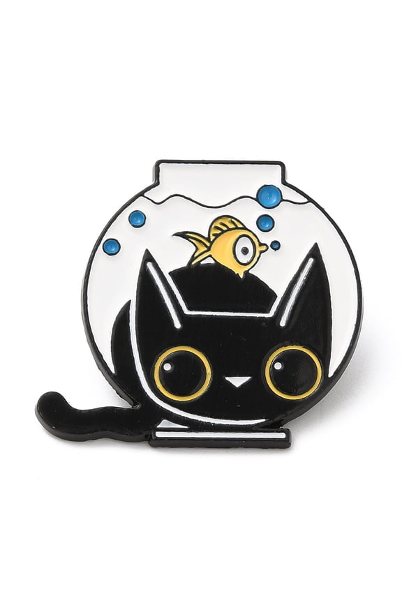 12 pc Alloy Enamel Pins Cat with Fish Bowl Brooches Electrophoresis Black 27.5x30x1.5mm
