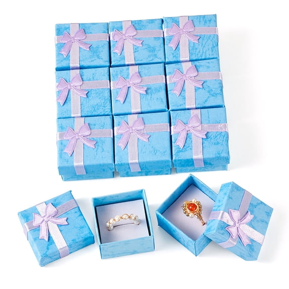 12 pc Cardboard Rings boxes with Sponge Inside Square with Bowknot Light Sky Blue 4.2x4.2x2.6cm