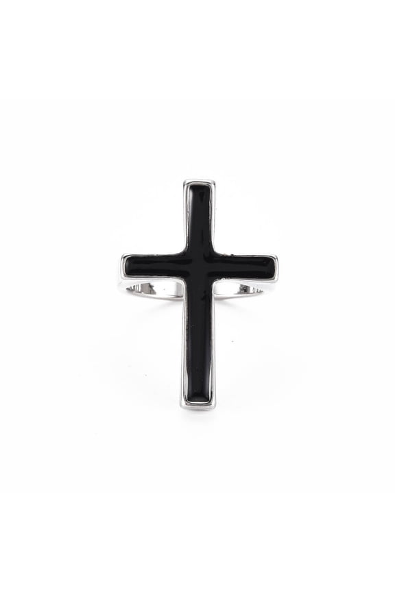 12 pc Men's Alloy Enamel Cuff Finger Rings Open Rings Cadmium Free Lead Free Platinum Religion Cross Black US Size 8(18.1mm)