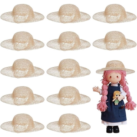 12 pc Raffia Grass Doll Hat for DIY Doll Toys Puppet Plush Animal Making Bisque 98x93x19mm