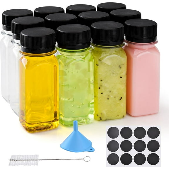 12 pcs 2oz Small Plastic Juice Bottles with LidsReusable Leak proof Ginger Shots Bottle Black caps, Wellness Mini Jars Containers for Smoothie, Water, Milk and Other Beverages 2 Ounce (12 Pack)