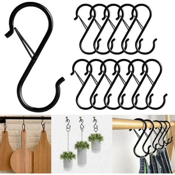 12 pcs 3.5 inch Black S Hooks,Heavy Duty S Shaped Hooks for Hanging Rust-Proof S Hooks with Safety Buckle Design for Hanging Plants Coffee Cups Pots and Pans Clothes Bags in Kitchen Bathroom