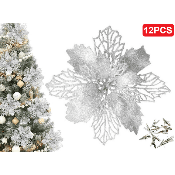 12 pcs 6.3 Inch Christmas Poinsettia Flowers with Clips, Xmas Tree Ornaments Artificial Flower Decor for Xmas Tree Wreath Wedding Party New Year Home Decoration, Silver