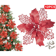 12 pcs 6.3 Inch Christmas Poinsettia Flowers with Clips, Xmas Tree Ornaments Artificial Flower Decor for Xmas Tree Wreath Wedding Party New Year Home Decoration, Red
